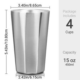 Beasea Stainless Steel Cups 15 oz, 4 Pack Large Stackable Double Wall Insulated Stainless Steel Tumbler Bulk for Drinking Metal Pint Glasses Tin Cups Home Restaurant Office Party Camping
