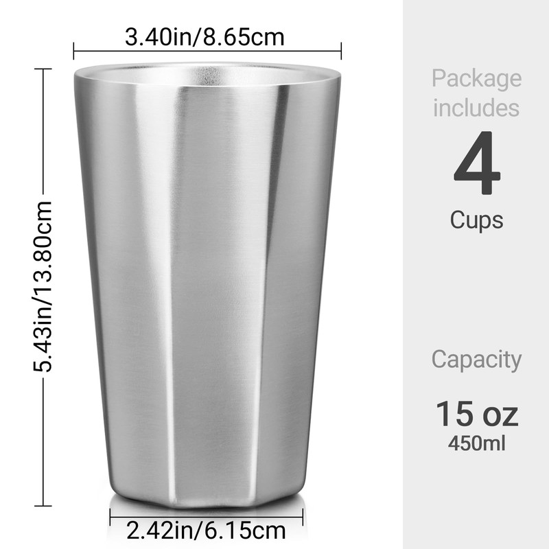 Beasea Stainless Steel Cups 15 oz, 4 Pack Large Stackable