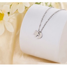 ELBLUVF Stainless Steel Women Crescent Moon and Star Lucky Pendant Necklace (Silver moon and star)
