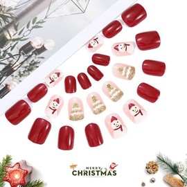Uñas Postizas Navideñas Cortas Cuadradas Con Diseño De Árbol De Navidad Dorado Y Muñeco De Nieve. Uñas Acrílicas Rojas Navideñas Para Mujeres Y Niñas 