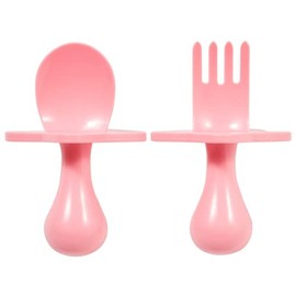 Nooli First Self-Feeding Utensils: USA-Made BPA-Free Spoon & Fork Set for Babies & Toddlers Ages 6+ Months, Anti Choke Shield Easy-Grip Handles for Baby-Led Weaning and Independent Eating (Pink)