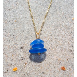 Gold Minimalist Sea Glass Stacked Pebble Necklace-Pacific Blue Sea Glass- Gold Stainless Steel Beach Necklace (Cobalt Blue)