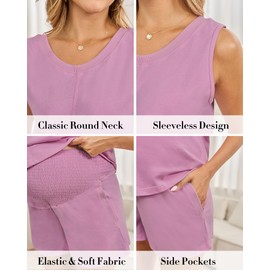 Maternity Pajamas for Women 2 Piece Postpartum Lounge Sets Trendy Nursing Tank Tops and Shorts with Pockets Purple L