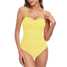 RELLECIGA Women's Lemon Yellow Tummy Control Swimwear Strapless One Piece Swimsuit for Women Size Medium