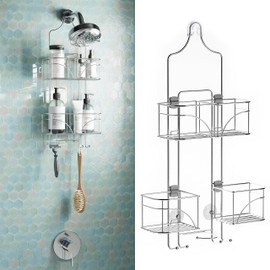 Zenna Home Hanging Shower Caddy, Over the Shower Head Bathroom Storage, Made for Handheld Shower Hoses, Rust Resistant, No Drilling, Expandable Organizer with 4 Baskets, Razor Holders, Hooks, Chrome