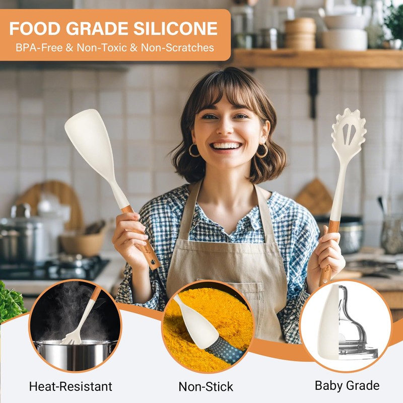 Silicone Cooking Spoon and Pasta Fork Set, 2 Pack Large