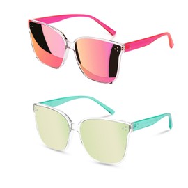 Sumato Sunglasses Womens, Oversized Pink Sunglasses for Women with Trendy Mirrored Lens UV400 Blocking Light Green 2 Pack