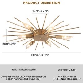 Jaycomey 6-Lights Sputnik Light Fixture Flush Mount Gold Ceiling Lights Modern Firework Metal Ceiling Lighting Chandelier Ceiling Lamp for Farmhouse Dining Room Bedroom Hallway Living Room, E12