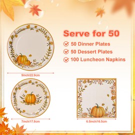 200 Pcs Fall Plates and Napkins, Thanksgiving Fall Party Supplies Include Autumn Paper Plates Napkins Plastic Spoons Forks Knives for Autumn Celebrations, Thanksgiving Day, and Harvest Festival