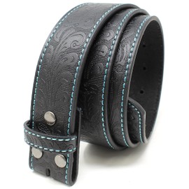 BC Belts Leather Belt Strap with Embossed Western Scrollwork 1.5" Wide with Snaps (Black/Teal-M)