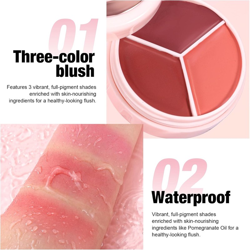 Rubor en crema ultrasuave de 3 colores para mejillas, Pincel