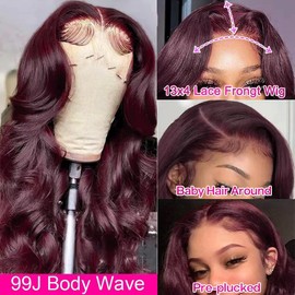 HENGROSE Burgundy Body Wave Lace Front Wigs Human Hair Pre Plucked with Baby Hair 180% Density 13x4 HD Transparent Glueless Lace Frontal Human Hair Wigs for Women Natural Hairline (24inch)