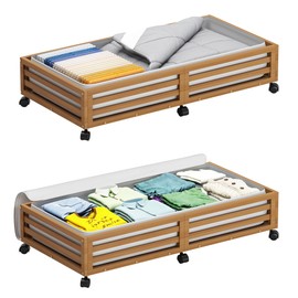 Bamboo Under Bed Storage Containers- Underbed Organizer with Wheels with Large Dust Bag,Sturdy Wood Rolling Under the Bed Shoe Storage Organizer Drawer 2 Packs (Walnut, Long)