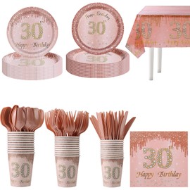 141PCS Party Rose Gold Supplies Paper Disposable plates Napkins Plastic Forks Knives Spoons Tablecloth Serve 20 Guests Dinnerware for 30th Birthday Party Decorations Wedding Graduation