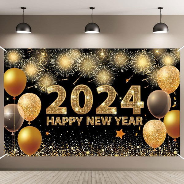 New Years Eve Decorations 2024, Extra Large Happy New Year Banner with String, 180x110CM Happy New Year Decorations 2024 Banner Black Gold Fireworks New Year Backdrop for Party Decorations Christmas