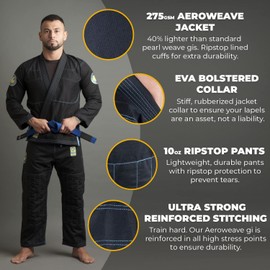 Gold BJJ Aeroweave Jiu Jitsu Gi - Ultra Lightweight BJJ Gi - Preshrunk Brazilian Jiu Jitsu Uniform for Men (Black, A2H)