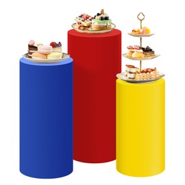 SaitiMade - Juego de 3 fundas de soporte de pedestal de cilindro rojo, amarillo y azul, 3 piezas de elastano de colores mezclados para decoración de fiestas, bodas o eventos de cumpleaños (solo