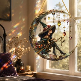 Moonlight Witch Acrylic Sun Catcher – 8-Inch Stained Glass Style Window Hanging Decor