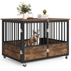 DWVO Dog Crate Furniture with Wheels, 43 Inch Dog Kennel Indoor Furniture End Table Dog Crate for Dogs, Farmhouse Decorative Wooden Dog Cage Table with Double-Doors, Chew-Resistant, Rustic Brown