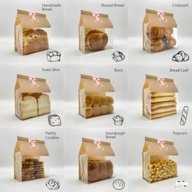 BIUBIU 25ct 8.7×4.3×11inch Thicker Large Bread Bags for Homemade with Window, Twist Tie & Sticker Label - Ideal for Sourdough Bread, Loaf, Bakery, Pastry & Baked Goods, Brown Paper & Flat Bottom