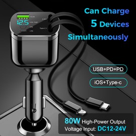 5 in 1 Retractable Car Charger, 80 W USB C Car Charger Quick Charge, USB Car Plug with LED Voltmeter, Compatible with Smart Phone, Tablet, etc