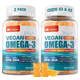 Vegan Omega-3 Gummies 1280mg + COQ10+ Vitamin D3 K2 (MK7), Omega 3 Fish Oil Alternative for Adults w/EPA 600mg & DHA 400mg & MCT Oil, No Fish Taste from Marine Algae, for Brain, Eye, Immunity, 2 Pack