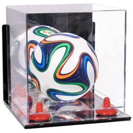 Better Display Cases Acrylic Mini - Miniature (not Full Size) Soccer Ball Display Case with Clear & Mirror Case, Red Risers , Wall Mount and Mirror Base (B03/A015)