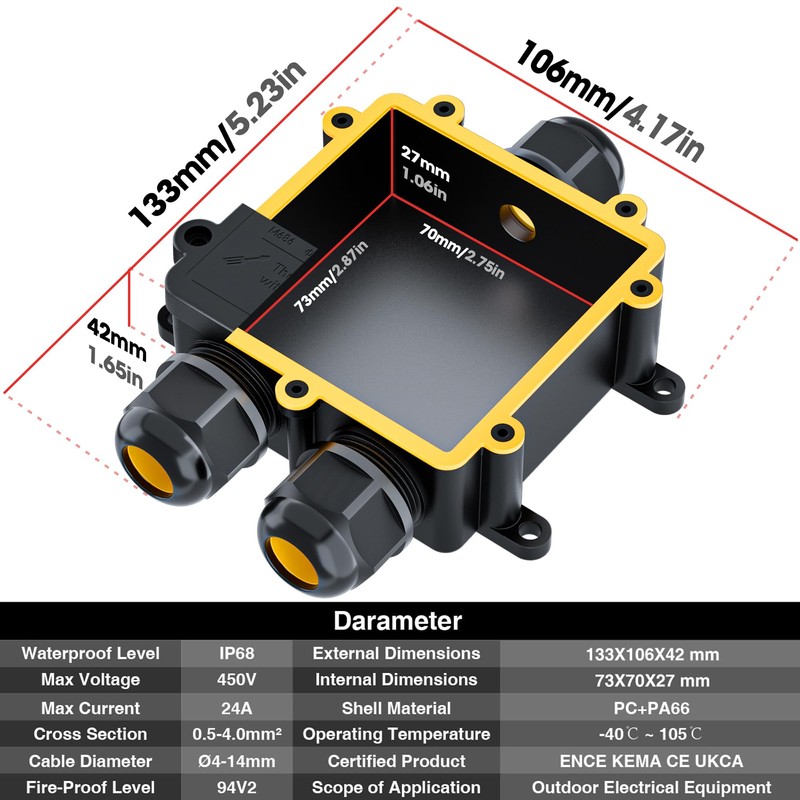 PEBA IP68 Waterproof Cable Junction Box, 3-Way Outdoor Cable Connector,