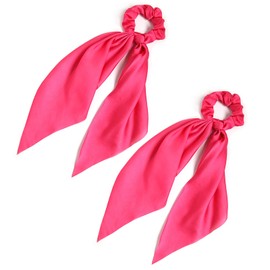 LFOUVRE Pack of 2 Knotted Bow Hair Scrunchies Elastic Hair Scarf Black Hair Ties Bands Satin Hair Ribbon Scrunchy Red Ponytail Holder for Women and Girls (Hot pink)