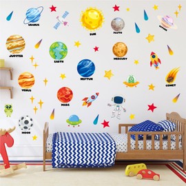 Space Wall Decals Children's Wall Stickers Space Planets Rocket Astronaut Wall Sticker Peel and Stick Removable Wall Decorations for Children's Room Baby Room Boys Room