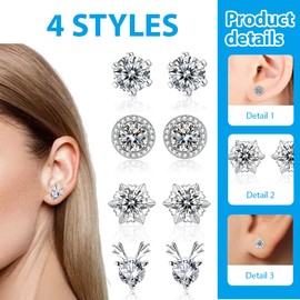 IKOPFLN 4 Paar 925 Sterling Silber Ohrringe Weihnachten für Damen Mädchen Elch Ohrstecker Ohrringe Schneeflocke Ohrringe Klein Ohrstecker Weihnachten Geschenke für Frauen Mädchen Kinder