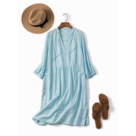 Lafural Womens V Neck Cotton Casual Loose Shift Tunic Smock Summer Dresses Vacation Dress 3/4 Sleeve Pocket Blue 2XL