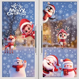 CCINEE 8 Sheets Christmas Window Stickers, Double-Sided Xmas Window Cling Snowflakes Santa Claus Reindeer Snowman Decals for Holiday Indoor Office Decorations