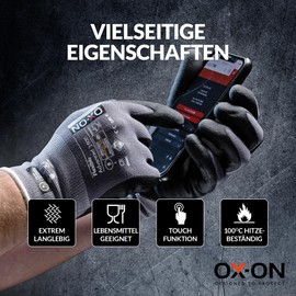 OX-ON Flexible Advanced 1900 Grey Work Gloves, Durable Safety Gloves, Secure & Precise Grip, Protective & Comfortable Nitrile Gloves, Phone Touch Function, Food Contact Sanitised - 12pairs,Size 9/L