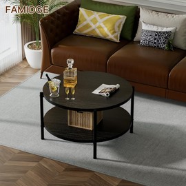 FAMIDGE Round Coffee Table, 27.6" Circle Coffee Table for Living Room, 2-Tier Wood Accent Center Table with Open Storage Industrial Design Home Furniture, Black