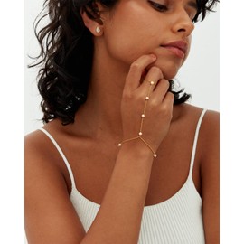 HABIKIP Gold Hand Chain Bracelet for Women, 14K Gold Plated Finger Ring Bracelets for Women Trendy, Dainty Simple Waterproof Bracelet Fashion Jewelry for Women, inch, Yellow Gold, Pearl