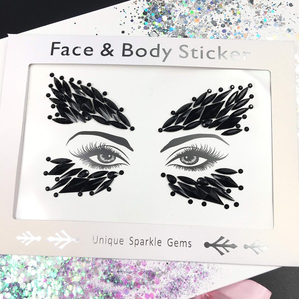 black body jewels carnival face gems tattoo body glitter adhesive rhinestones for face body jewels halloween sticker for rave festival party (Jet black/SR57)