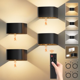 Motion Sensor Wall Sconce, 5500mAh - Wall Mount Light with Remote Control - Dimmable 3 Color Changing Light Fixture - Rechargeable Battery Operated Wall Lights - LED Indoor Wall Lamp, Black 4 Pack