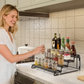 LUHENPING 4 Tier Spice Rack Organizer for Cabinet - Black (2 Pack) | Spice Holder Shelf with Protection Railing for Inside Cabinets, Countertop, Pantry Storage & Seasoning Organization