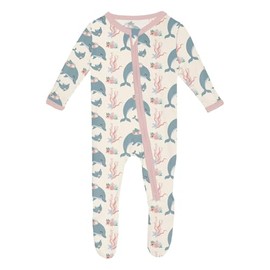 KicKee Print Footie with Zipper, Fitted Long Sleeve Pajamas, Ultra Soft Everyday One-Piece Loungewear, Baby and Kid Clothes for Boys and Girls (Natural Dolphins - 9-12 Months)