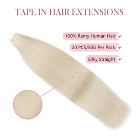 Sixstarhair Platinum Blonde Tape-In Extensions, Real Hair, 20 Pieces, 50 g, 40 cm, Invisible Tape-In Hair Extensions, #1000, Silky Straight, 100% Remy Hair