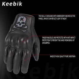 Keebik Goatskin Leather Motorcycle Motorbike Powersports Racing Gloves Reflective Skull Touchscreen for Men and Women Model (Black, X-Large)
