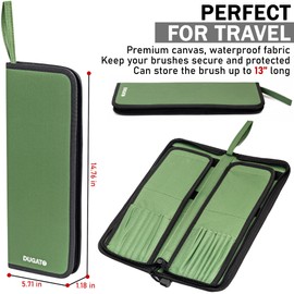 DUGATO Long Canvas Paint Brush Holder Zippered 5.7x14.8 inch, Premium Art Case for Brushes Long Handle up to 13" Length, 15 Slots Storage for Artist (Brush Not Included) - Green