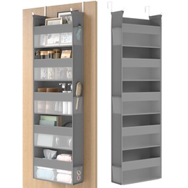 SONGMICS Over The Door Organizer, Hanging Door Organizer with 5 Large Pockets, 5-Tier Fabric Storage, Transparent Nylon Mesh, Foldable, Metal Hooks, with Side Pouches, Dove Gray URDH007G01