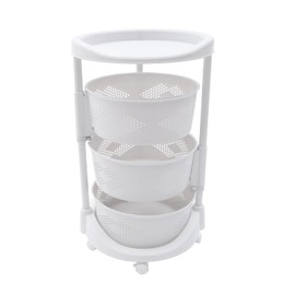 Kaibrite Rotating Kitchen Storage Rack, Multi-Layer Revolving Basket Kitchen Shelf with Wheels, for Kitchen, Bathroom, Laundry Room, Garage, White (3-Layer)