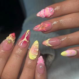 Flower Press on Nails Medium Almond Artificial Acrylic Nail Colorful Gradient 3D Floral Shell Texture with Pearl Design Stick on Nail Full Cover Reusable Coffin Artificial Fingernails for Women 24Pcs