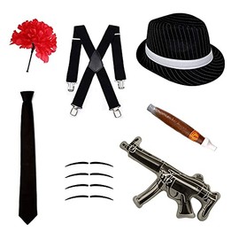 Robelli Gangster Fancy Dress Set - Trilby Hat, Tie, Braces, Cigar, Moustaches & Carnation (Black)