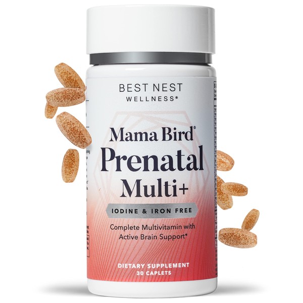 Mama Bird Prenatal Multi Iron Free, Gift Bagged, No Iron or Iodine, Methylfolate (Folic Acid), Natural Organic Herbal Blend, Vegan, Includes Healthy Pregnancy Secrets Guide, Once Daily, 30 Ct