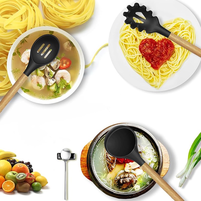 15-piece silicone wooden handle kitchen utensils set, kitchen gadgets (green