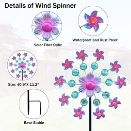 40" Solar Flower Gem Wind Spinners Garden Stake, Solar Wind Sculpture Yard Art Decorations for Lawn,Patio&Yard & Garden Decor, Metal Whirligigs Wind Spinners Outdoor